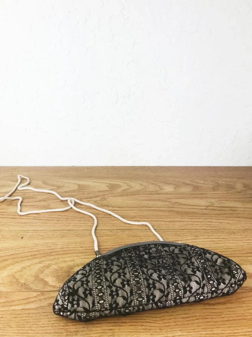 Ken Lady Black Lace Evening Clutch – Champagne Satin, Gunmetal Frame & Cord Stra